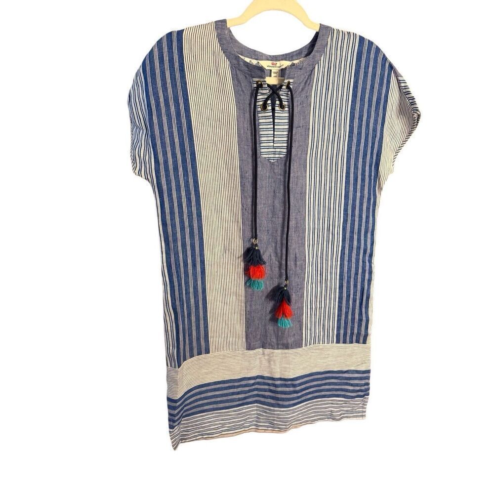 Vineyard Vines Linen Striped Tassel Shift Dress‎ in Dazzling Blue Sz 00 Womens - Picture 6 of 11